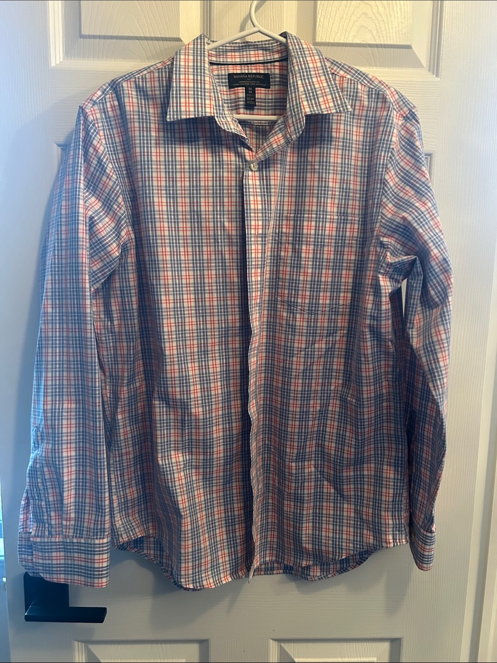 Banana Republic Men's Blue and Orange Plaid Button-Up Shirt